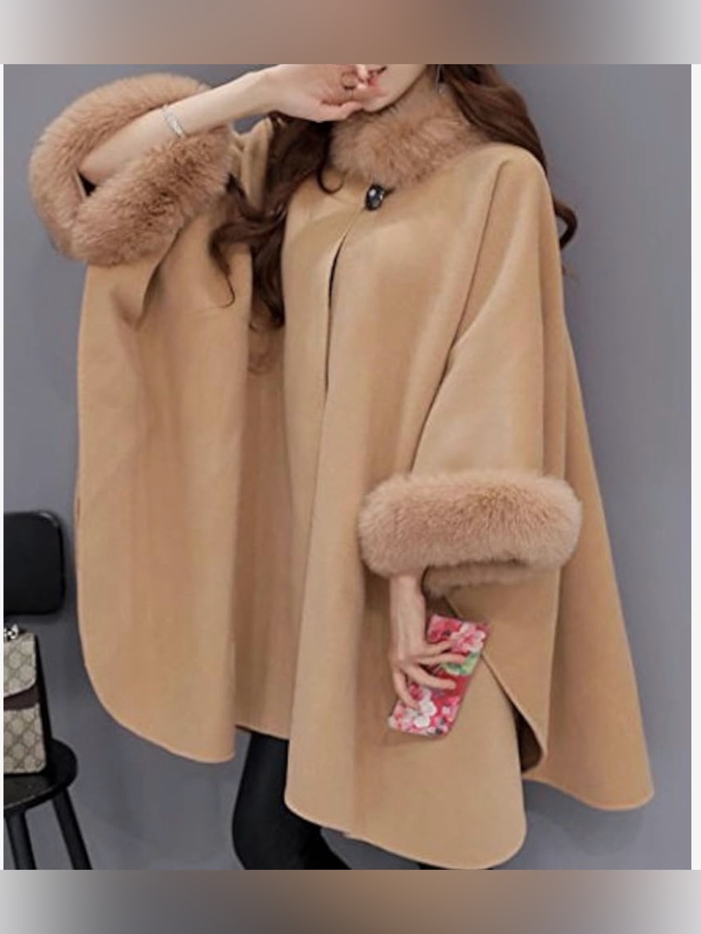 Women’s Cream brown Faux-Fur Trim Cape Sweater Jacket NWT one size fits all.